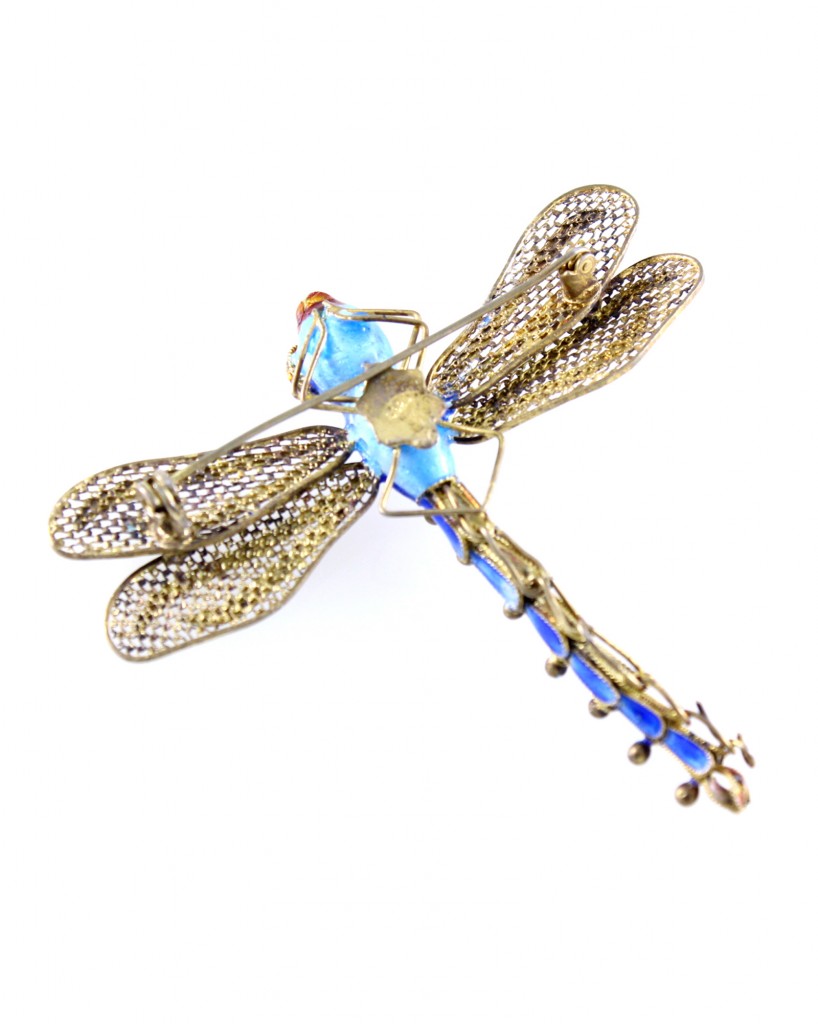 Vintage Dragonfly Motif Sterling Silver Enameled Filigree Brooch