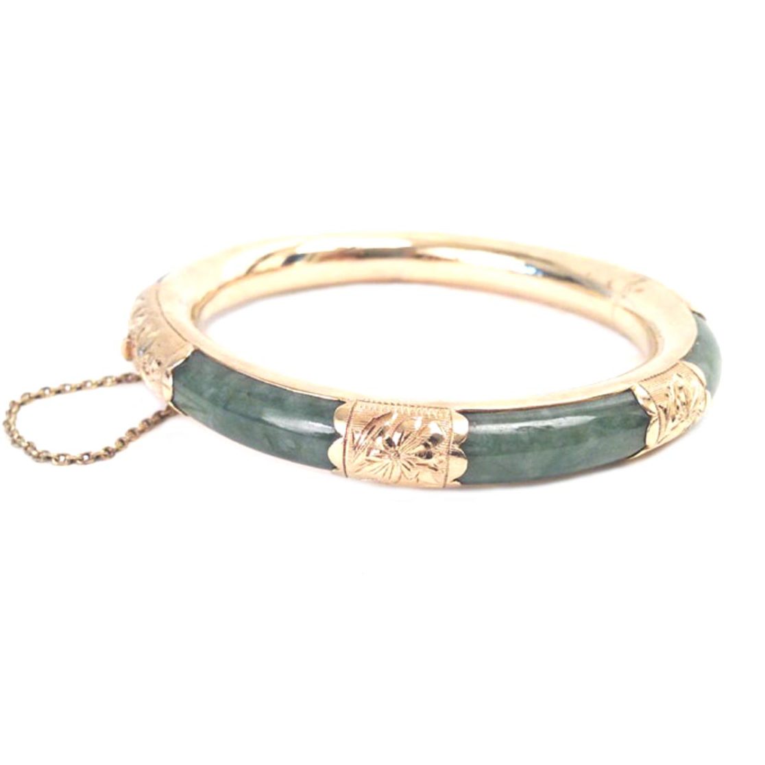 Green Jade 14k Gold Floral Etched Design Vintage Bracelet - Einna Sirrod