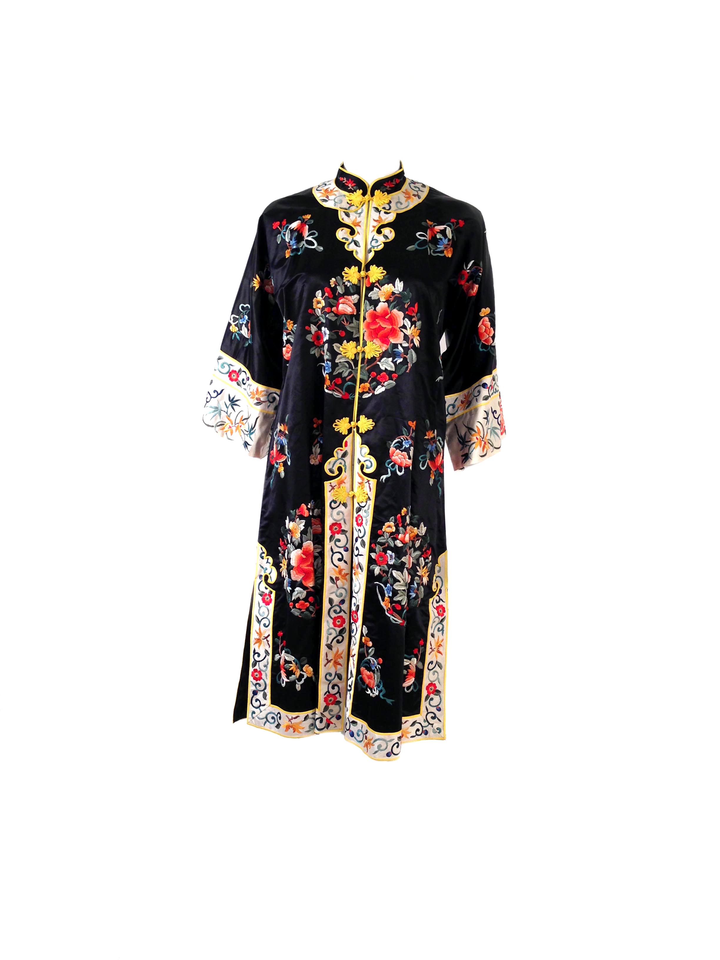 Vintage Chinese Black Silk Floral Embroidered “Baihua” Kimono Robe ...