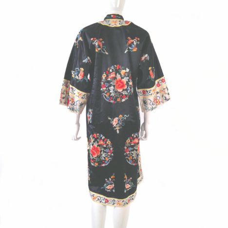 Vintage Chinese Robe Black Silk Floral Embroidered “Baihua” Kimono ...