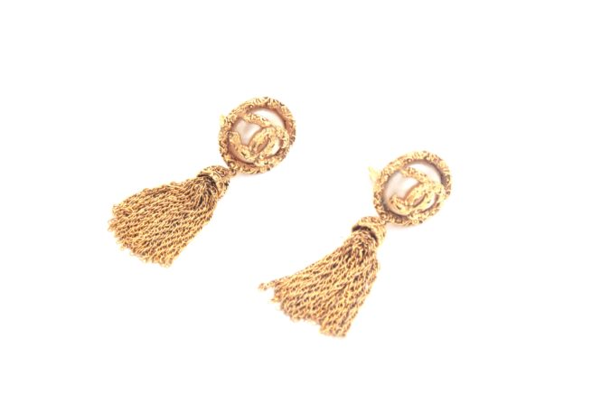 vintage Chanel pearl tassel chains gold tone earrings