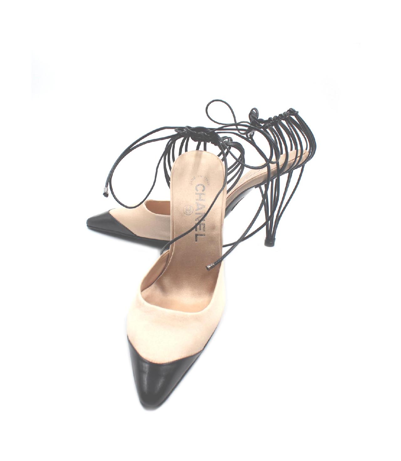 Vintage Chanel Wire Cage Shoes Satin Leather Trim High Heels - Einna Sirrod