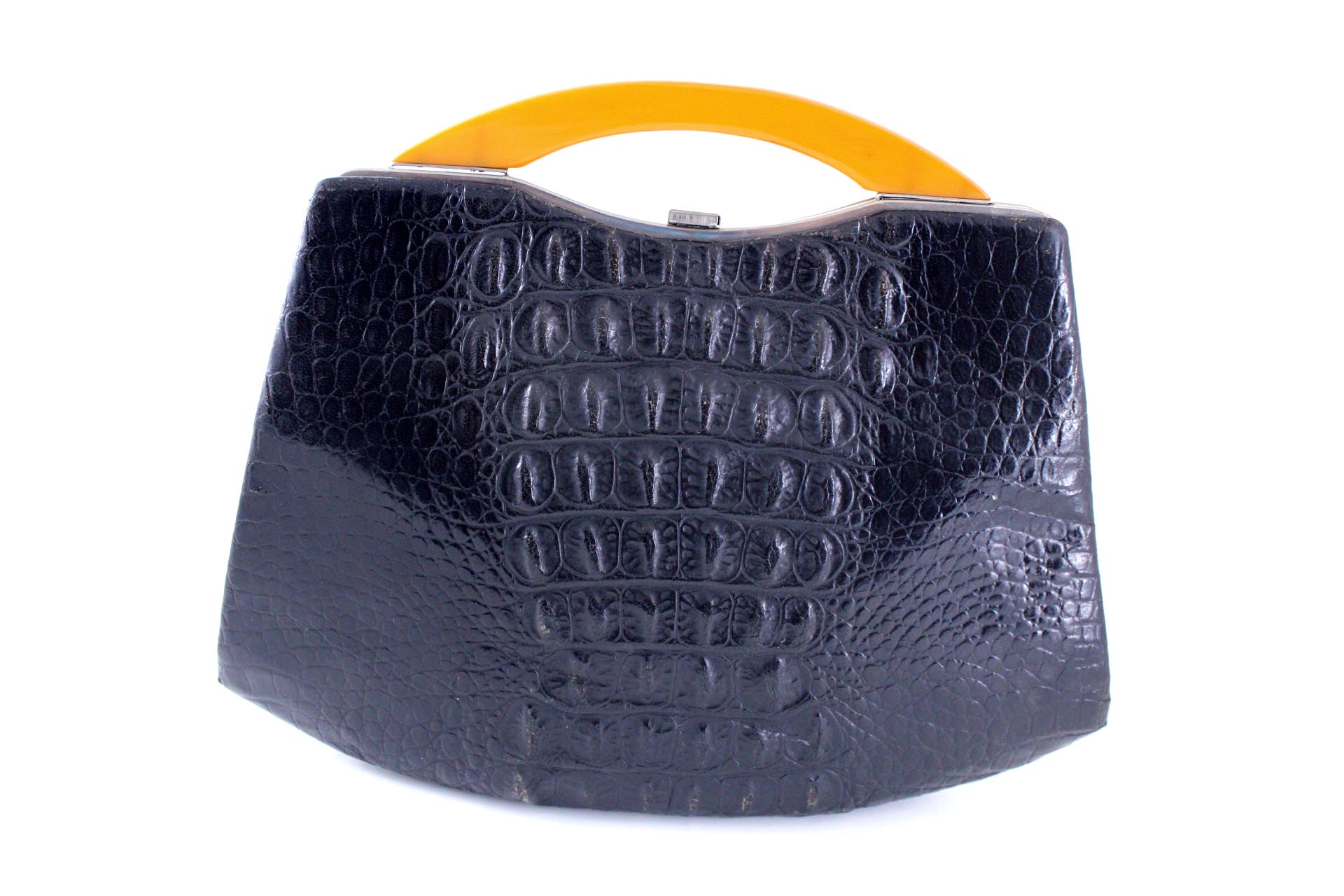 SOLIQUE vintage handbag black patent leather and crocodile leather