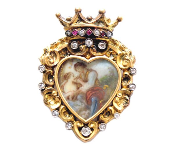 18k diamond crowned heart hand painted portrait brooch