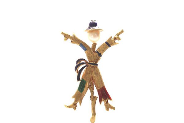 18k gold pearl head scarecrow enamel brooch pin