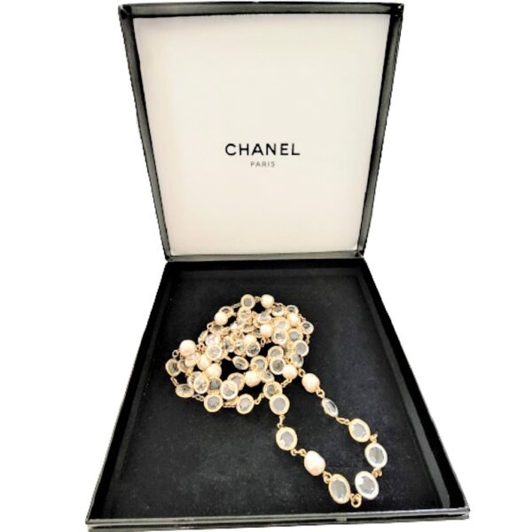 vintage chanel 80s pearl and crystal rare rope style necklace