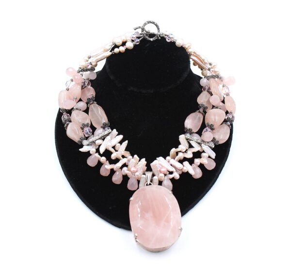 rose quartz pearls and c crystals multi strand necklace