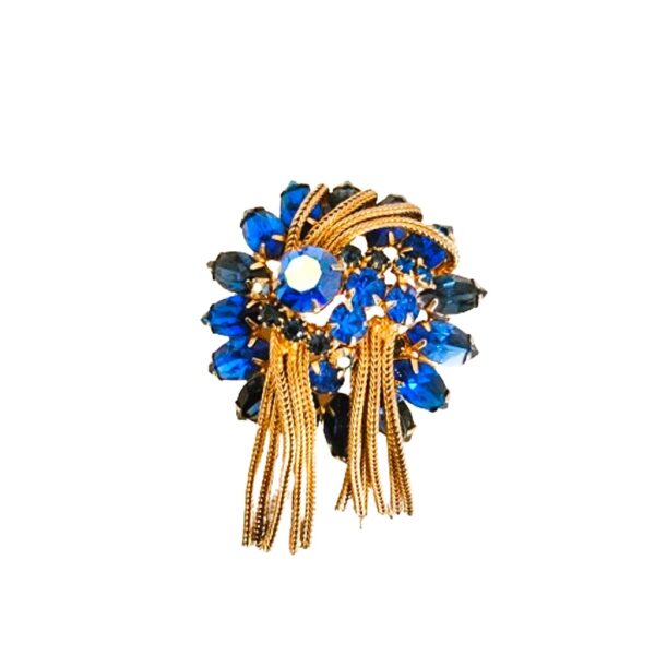 vintage hattie carnegie blue rhinestones gold tassels brooch pin